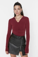 Trendyol Burgundy Slim Nabíraný Polo Neck Flexibilní pletená halenka