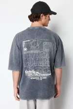 Trendyol Anthracite Oversize/Wide-Fit Faded Effect Text Printed 100% Cotton T-Shirt