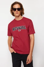 Trendyol Claret Red Oversize/Wide Cut Text Embroidery Applique 100% Cotton Short Sleeve T-Shirt