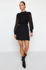 Trendyol Black A-Line High Neck Mini bélelt sifon szőtt ruha