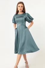 Lafaba Women's Turquoise Balloon Sleeves Stone Belted Mini Satin Evening Dress