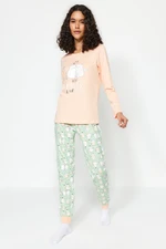 Trendyol Salmon 100% Cotton Cat Patterned Tshirt-Jogger Knitted Pajamas Set