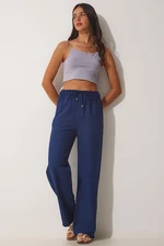 Happiness İstanbul Women's Navy Blue Summer Linen Palazzo Pants