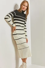 Bianco Lucci Women's Turtleneck Striped Long Knitwear Dress