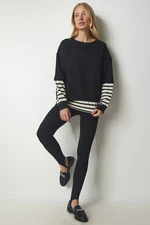 Happiness İstanbul Women's Black Striped T-Shirts, Knitted Sweatshirts