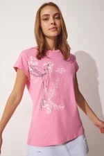 Happiness İstanbul Women's Light Pink Printed Cotton T-Shirt