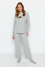 Trendyol Gray Melange Cotton Cat Embroidered Sweatshirt-Pants Knitted Pajamas Set