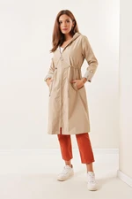 By Saygı Folded Sleeves Stripe, Waist Pleated Lined, Hooded Trench Coat.