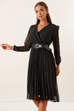 By Saygı Double Breasted Neck Belted Lined Spotted Pleat Chiffon Dress Black