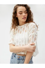 Koton Crop T-Shirt with Openwork Short Sleeves, Crew Neck