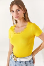 Olalook Women's Yellow Crewneck Lycra Short Sleeve Blouse with Lace