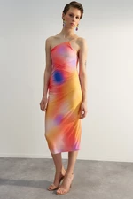 Trendyol Multicolored Printed Fitted Midi One-Shoulder Stretch Knit Dress