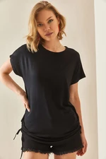 XHAN Black Flowy Blouse with Shirries