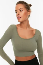 Trendyol Khaki Seamless/Seamless Crop Extra Stretchy Square Neck Sports Blouse