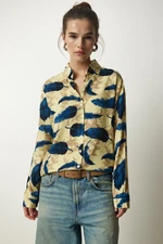 Happiness İstanbul Women's Yellow Navy Blue Patterned Viscose Woven Shirt