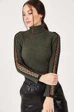 armonika női Khaki nyak ujj csipke részlet kötöttáru pulóver