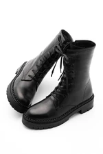 Marjin Women's Genuine Leather Boots Boots with Zipper, Lace-up Serrated Sole Daily Boots Kariva Black.