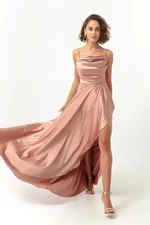 Lafaba Women's Pink Evening Dress &; Prom Dress with Ruffles and a Slit Satin