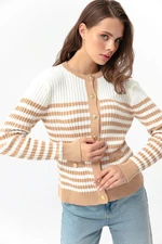 Lafaba Women's Tan Gold Buttons Striped Knitwear Cardigan