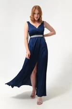 Lafaba Women's Navy Blue Double Breasted Collar With Stones and Belt Long Evening Dress.