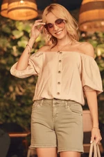 Short beige blouse with buttons and short sleeves