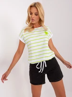 White and light green striped blouse with application