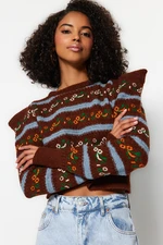 Trendyol Brown Soft Textured Self Patterned Crew Neck Sweter z dzianiny