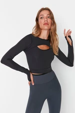 Trendyol Dark Anthracite Crew Neck Sports Blouse With Crop Window/Cut Out and Thumb Hole Detail