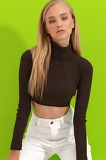 Trend Alaçatı Stili Dámské Hnědý Rolák Žebrovaný Základní Crop Body Halenka