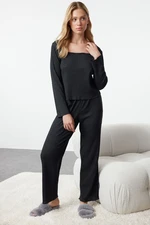 Trendyol Anthracite Melange Lettuce Detailed Corded Cotton Tshirt-Pants Knitted Pajama Set