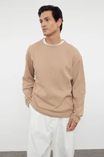 Trendyol Camel Oversize/Wide Cut Crew Neck Textured T-Shirt with Stitching Detail