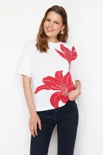 Trendyol White 100% Cotton Flower Printed Relaxed Knitted T-Shirt