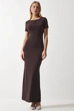 Happiness İstanbul Women's Brown Decollete Long Sandy Knitted Dress