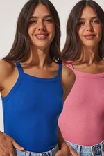 Happiness İstanbul Women's Blue Pink 2-pack Ribbed Crop Halterneck Knitted Singlets