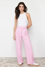 Trendyol Pink Hook and Loop Closure High Waist Pleated Wide Leg/Wide Cut Knitted Trousers