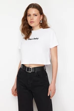 Trendyol White 100% Cotton Slogan Printed Regular Crop Knitted T-Shirt
