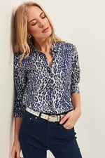 Olalook Women's Navy Blue Leopard Woven Shirt