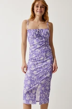 Happiness İstanbul Women's Lilac Floral Slit Summer Knitted Dress