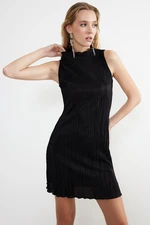 Trendyol Black A-Cut Lined Pleated Knitted Short Elegant Evening Dress