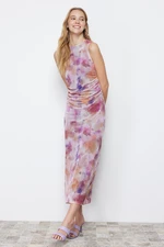 Trendyol Lilac Gather/Drape Detailed Abstract Patterned Fitted Maxi Flexible Knitted Pencil Dress