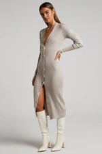 Madmext Stone Color Buttoned V-Neck Long Knitwear Dress