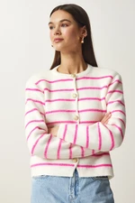 Happiness İstanbul Women's Bone Pink Stylish Buttoned Striped Knitwear Cardigan