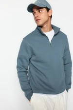 Trendyol Blue Regular/Normal Cut Stand Collar Zippered Cotton Basic Polar Fleece Sweatshirt