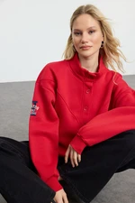 Trendyol Dark Red Thick Inside Fleece Embroidered High Collar Oversize/Wide Cut Knitted Sweatshirt