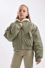 DEFACTO Girl's Removable Hooded Ribbed Sleeved Snap Pocket Bomber Jacket