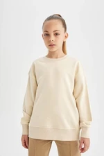 DEFACTO Girl Beige Relax Fit Crew Neck Cotton Basic Plain School Sweatshirt