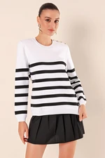 Bigdart 15820 Button Detail Striped Sweater - C. Black