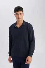 DEFACTO Navy Blue Regular Fit Polo Neck Jacquard Knitwear Sweatshirt