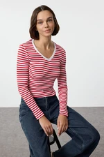 Trendyol Red Striped Corded V-Neck Fitted Long Sleeve Crop Stretchy Knitted Blouse