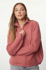 Trendyol Dusty Rose Soft Texture Zippered Knitwear Sweater